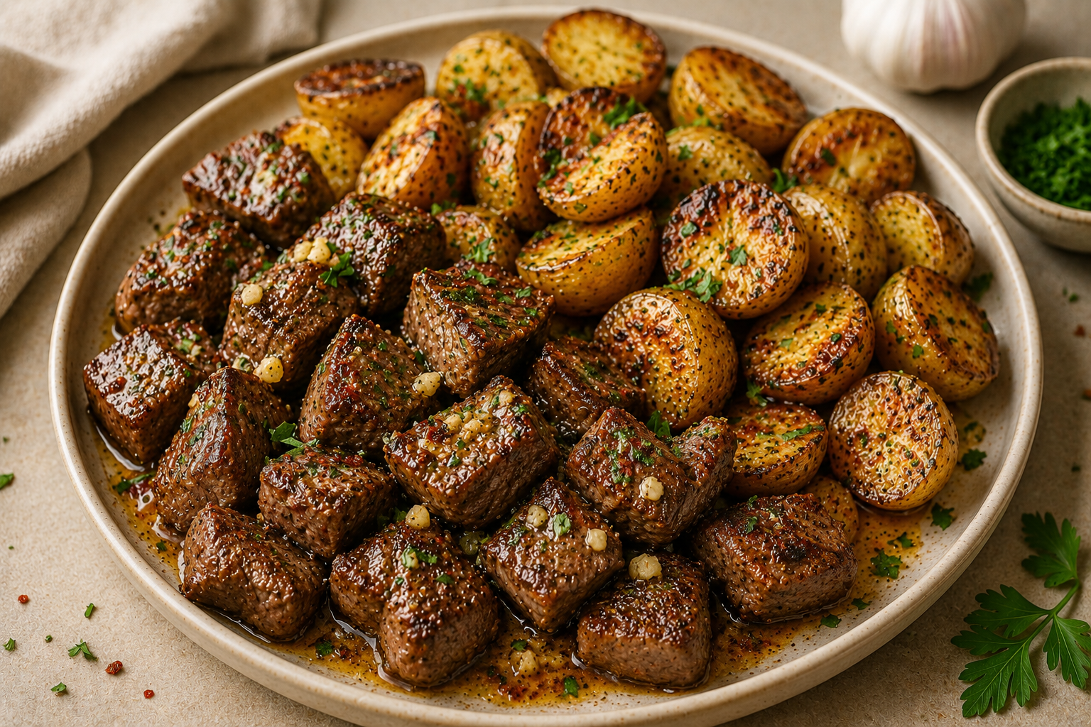 Garlic Butter Steak Bites with Roasted Potatoes